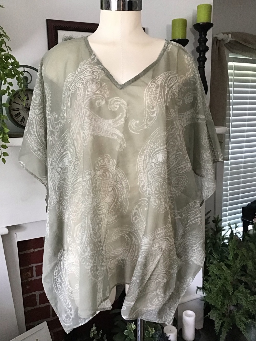 Chico's Sage Green Paisley Sheer V-Neck Tunic